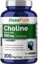 NusaPure Choline Bitartrate 650 mg 200 Veggie Capsules (Vegetariano, No GMO, Vegan)