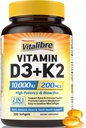 Vitamina D3 K2 Suplemento, 10000 UI D3 / 200 mcg K2 MK7, Absorción de calcio, hueso, corazón, inmune &amp; soporte de humor, absorción aumentada, no soy, fácil de absorber, 300 Softgels