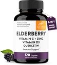 Sandhu's Elderberry Vitamin C and Zinc with Vitamin D3 " Quercetin tención suplemento cápsulas para hombres " mujeres  sometidas soporta Immune Health latitud 120 Conde (Pack of 1)