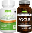 Longvida Lipidated Curcumin 500mg + Focus Brain Booster Vegan Bundle, Ultra Bioavailable Curcumin + Caffeine, L-Theanine, Taurine & L-Tyrosine, B-Vitamins, Zinc & Copper, by Igennus