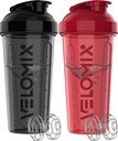 VELOMIX -2 Pack- 28 oz Protein Shaker Botellas para Protein Mixes - 2x Wire Whisk ← Leak Proof Shaker Cups for Protein Shakes ← Protein Shaker Bottle Pack ← Shakers for Protein Shakes - Black angularRed