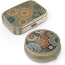 Pill Organizer Pill Box with Mirror Retro Small Pill Case for Purse or Pocket Bronze Pill Box or Vitamins, Fish Oil, Supplements, Pill Containe Travel Gifts(2PCS-Retro Mandala)