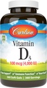 Carlson - Vitamina D3 4000 UI (100 mcg), Immune Support, Bone Health, Muscle Health, Cholecalciferol, Vitamina D Suplementos, Vitamina D3 Soft Gels, 360 Softgels