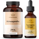 HerBAMAMA Ashwagandha y kit de jengibre tormérico - Agrupo de 1500 mg Ashwagandha Root Capsules " Turmeric Ginger Tincture 2 fl oz - Vegan, No GMO, Azúcar " Sin alcohol - 2 Pack
