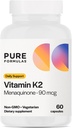 PureFormulas Vitamina K2 MK7 (Menaquinone-7) sometida High Potency 90mcg  60 Capsules Vegetarian ← Bone " Cardiovascular Support ← Soy-Free, Non-GMO, 60 Day Supply