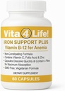 Vita4Life!® Iron Support Plus - 40 mg de hierro con vitamina C, B-12, ácido fólico " Zinc - 60 cápsulas - Fórmula no constipante para el soporte de células rojas de sangre " Energy - Vegetariano " GMO-Free