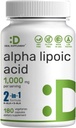 Ácido Lipoico alfa 1000mg, 180 cápsulas vegetales – 50/50 R-ALA &amp; S-ALA para la biodisponibilidad máxima – Suplemento antioxidante – Apoyo al sistema energético y nervioso – No GMO