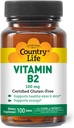 Country Life Vitamin B2 100mg Suplemento Riboflavin – Boosts Energy Production ' Supports Cell Function, Gluten-Free, Vegan, Kosher, Halal – no conservantes, GMO o sabores artificiales, 100 Condes
