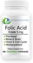 Folato de ácido fólico 5mg (B9) Salud prenatal, Reproductiva, Homocysteine, Metabolismo, Cardiovascular, Hueso, Apoyo Inmunitario, Libre de Alérgenos, No GMO - 100 cápsulas veganos