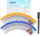 Serfeymi 72 Pcs Pill Pouch Bags for Travel Reusable Plastic Bags 3"x3" 12 mil (Doble Sided) Translucent Zipper Pill Pouches for Medicine with Slide Lock & Writable Label, 1x Marker-Blue+ Amarillo