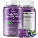 Calcium Magnesium Zinc Gummies with Vitamin D3 & K2-High Absorption Magnesium Glycinate-Muscles, Immune & Sleep Support-Sugar Free- Blueberry Flavored (1 Pack)