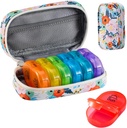 Serfeymi Organizador semanal de píldoras de viaje 2 veces al día AM Upgraded Rainbow Pill Box 7 Day with Portable Zipper PU Leather Pill Case, Medicine Organizer for Pills, Vitamins, Fish Oils - Floral 03