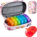 Serfeymi Organizador semanal de píldoras de viaje 2 veces al día AM Upgraded Rainbow Pill Box 7 Day with Portable Zipper PU Leather Pill Case, Medicine Organizer for Pills, Vitamins, Fish Oils - Pink 03