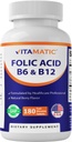 Vitamatic Folic Acid, Vitamina B12 &amp; B6 – 180 Fast Dissolve Tablets Heart Health, Energy Production &amp; Red Blood Cell Support