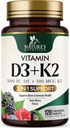 Vitamina D3 K2 Suplemento TENIDO 5000 UI D3 + K2 100 mcg TEN MK-7 K2 con Vitamina D ANTERIENDA Apoyo Immune, Heart, Teeth &amp; Bone Health - Nature's Easy to Chew, VIT D3 K2, Non-GMO, Tasty Berry Flavor - 120 Tablets