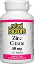 Factores naturales - Citrate de zinc 50mg, Soporte para la piel sana &amp; función inmunitaria, 180 tabletas
