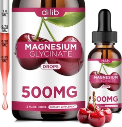 Magnesium Glycinate Suplemento, Magnesium Glycinate Liquid Drops 500mg con Calcio, Zinc, Vitamina B6, D3, L-Theanine, Omega 3 para el sueño, Mood, Stress Relief, Bone, Muscle, Cherry Flavor