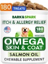 Omega 3 para perros y gatos - 180 Fish Oil Treats for Dog Shedding, Skin Allergy, Itch Relief, Hot Spots Treatment - Joint Health - Skin and Coat Supplement - EPA & DHA Fatty Acids - Salmon Oil - Bacon