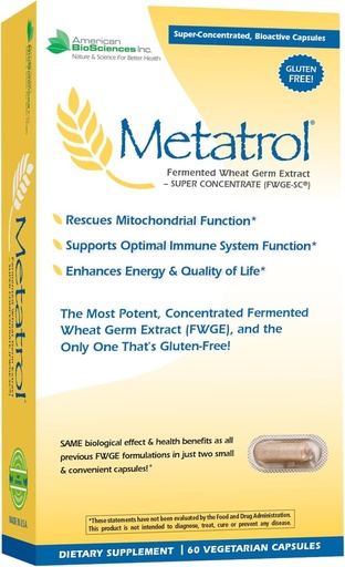 American BioSciences Metatrol Fermented Wheat Germ Extract - Immune &amp; Mitocondria Support for Renewed Vitality & Enhanced Energy - Gluten Free - 60 Vegetarian Capsules, 41mg