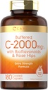Carlyle Buffered Vitamin C TENIDO 2000mg TENRI 180 Caplets TENIDO CON Bioflavonoides y Rosa HIPS TEN VÍgetariano, No GMO y Gluten Suplemento Libre