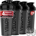 VELOMIX -4 PACK- 28 oz Protein Shaker Bottle for Protein Mixes - 4x Wire Whisk ← Leak Proof Shaker Cups for Protein Shakes ← Protein Shaker Bottle Pack ← Protein Shake Cup (All in Black)