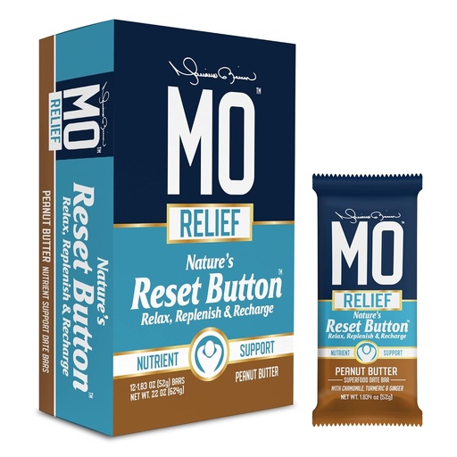 "MO RELIEF" BARS – All-Natural Superfood Snack Bar - Recuperación Snack Bares – Después del entrenamiento Nutrient Soporte con Fechas, Chamomile, Turmeric, " Ginger - (12 bares en una caja) (Peanut Butter)