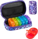 Serfeymi Organizador semanal de píldoras de viaje 2 veces al día AM Upgraded Rainbow Pill Box 7 Day with Portable Zipper Canvas Pill Case, Medicine Organizer for Pills, Vitamins, Fish Oils - Purple 01
