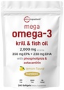 Mega Omega-3 Krill & Fish Oil 2,000mg Equivalent, 240 Softgels | Lemon Flavored | Burpless | Essential Fatty Acids & Astaxanthin | EPA 350mg + DHA 230mg | Heart & Brain Supplement