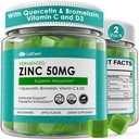 Fermented Zinc Gummies 50mg, Quercetin, Bromelain, Vitamin C & D3, Superior Absorption Zinc Supplements for Women & Men, Immune, Powerful Antioxidant, Zinc Picolinate Alternaitive, Sugar Free, 2 Pack