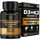 Magnesium Glycinate 1500mg with Vitamin D3 K2 10,000 IU - Bone Health, Immune Support, Energy & Mood - Non-GMO, Gluten-Free, 60 Vegan Capsules for Women & Men