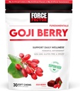 FORCE FACTOR Goji Berry Soft Chews Superfood Antioxidants Suplemento para apoyar ojos saludables y la piel, salud inmune e inflamación, no Gluten-Free, Vegan, Goji Berry Flavor, 30 cerdas suaves