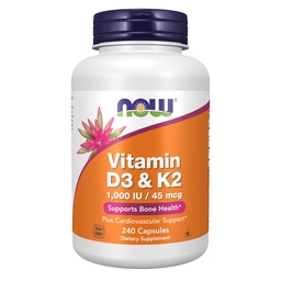 Now Supplements, Vitamin D3 & K2, 1,000 IU/45 mcg, Plus Cardiovascular Support*, Supports Bone Health*, 240 Veg Capsules