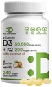 DEAL SUPPLEMENT Vitamin D3 50,000 IU + K2 MK7 200mcg Softgels, 240 Count | 2-in-1 Complex with Virgin Coconut Oil | Supports Heart, Bone, Teeth & Immune Health | Easy to Swallow