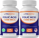 Vitamatic Folic Acid 1000 mcg (1 mg) – 240 Tabletas Vegetarianas (Pack of 2) 1667 mcg DFE – Vitamina B9 para la salud prenatal, cardíaca y celular
