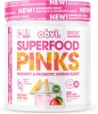 Obvi Superfood Pinks Probiótico Blend ← Rich in Antioxidants, Adaptogens, Digestive Enzyme Blend, Immune Support, Gut Health ← Keto, Gluten-Free, No Sugar, 10 Billion CFU ← Mango Iced Tea, 20 Servings