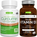 Vegan Vitamin D3 + High Absorption Curcumin C3 Complex, Vegan Bundle, 365 1000iu Vitamin D3 Tablets + 300% Greater Absorption Curcuminoids with Rapid Uptake, by Igennus