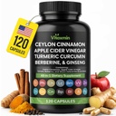 Ceylon Cinnamon Capsules with Berberine, Apple Cider Vinegar, Turmeric Curcumin, Chromium, Gymnema Sylvestre, Ginseng - Daily Wellness Supplement 120 Caps Made in USA