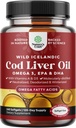 Icelandic Wild Caught Cod Liver Oil Softgels - Fish Omega 3, EPA, DHA, Vitamin D & A, 1000mg Per Serving - Burpless Capsules for Healthy Heart, Healthy Joints, Brain & Immune Support - 240 Count