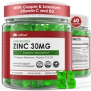 Fermented Zinc Gummies 30mg, Copper, Selenium, Vitamin C, D3, Superior Absorption Zinc Supplements for Women & Men, Immune, Powerful Antioxidant, Zinc Picolinate Alternaitive, Vegan, No Sugar, 60 Cts