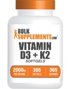 BulkSupplements.com Vitamin D3 + Vitamin K2 Softgels - D3, K2, Vitamin Supplement - Gluten Free, 1 Softgel per Serving (2000IU), 365 Count (Pack of 1)