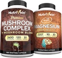 Nutrivein Premium 120 Cap Mushroom Complex 2600mg &amp; 90 Cap Magnesium 2207mg Bundle - 11 Mushrooms - Lions Mane, Chaga, Reishi, Cordyceps, &amp; Más - Immune &amp; Brain Function Plus Memory & Focus