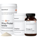 Momentous Three - Creatine Monohydrate Powder (90 Servings), Grass-Fed Whey Protein Powder (Unflavored) & Omega-3 Fish Oil 1600mg - Daily Essentials for Strength, Performance & Lean Muscle Recovery
