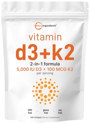 Micro Ingredients Vitamin D3 5,000 IU + K2 MK-7 100 mcg, 180 Softgels | 2-in-1 Formula | Easy to Swallow, Non-GMO