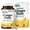 Wild & Organic Ginger Root Capsules 1200 mg - Immune & Digestive Support - Natural Ginger Supplements - Zingiber Officinale Powder - 30 Days of Supply - Vegan, No Fillers, Non-GMO - 60 Count