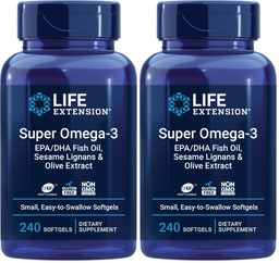 Extensión de vida Super Omega-3 EPA/DHA Fish Oil, Sesame Lignans &amp; Olive Extract – Heart, Brain, Inflammation Health Support, Gluten-Free, Easy to Swallow, Non-GMO, 240 Softgels (Pack of 2)