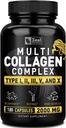 Multi Collagen Peptides Pills (Types I,II,III,V,X) Grass Fed Collagen Pills (180 cápsulas) - Hydrolysate Collagen Protein Blend for Hair, Skin, Nails, and Joint Support - Collagen Pills for Women