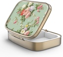 Pill Case Pill Box with Mirror Retro 2 Compartment Small Pill Case for Purse or Pocket Bronze Rectangular Pill Box or Vitamins, Fish Oil, Supplements, Pill Containe Travel Gifts(Retro Green Floral)