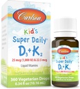 Carlson - Super Daily D3+K2, 25 mcg (1,000 UI) D3 &amp; 22,5 mcg K2, Vitamina D gotas con Vitamina K2, Vitaminas líquidas, 1000 UI Vitamina D3, Corazón &amp; Bone Health, 1-Año de suministro, Desflavorado, 360 gotas