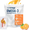 Coromega Omega 3 Fish Oil Suplemento, 650 mg de Omega-3 con 3X mejor absorción que Softgels, Orange Flavor, 120 Single Serve Squeeze Packets