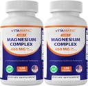 Vitamatic Magnesium Complex, 400mg Elemental MG (as Bisglycinate, Citrate, Taurate, Malate, Aspartate, Oxide, Gluconate, Lysinate Glycinate, Orotate, Succinate) - 120 Capsules per Pack - 2 Pack